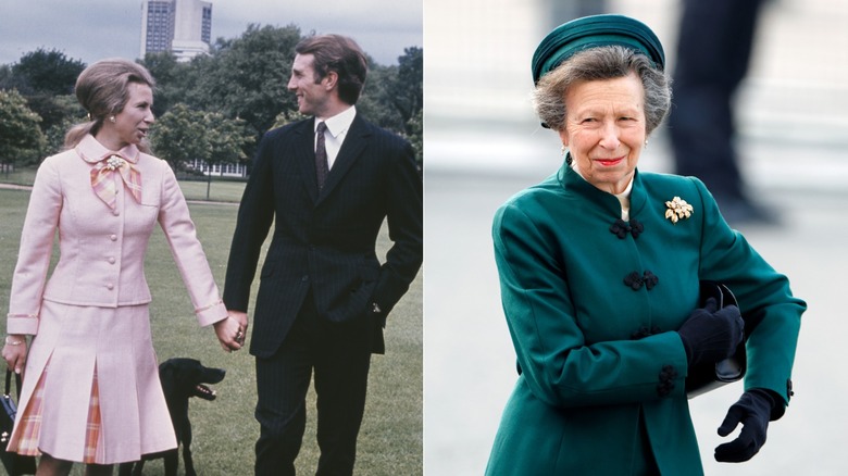 Princess Anne in her engagement photo and years later in a green coat with the same gold brooch
