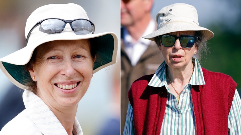 Princess Anne with a beige bucket hat on and again, years later with a bucket hat and a red vest
