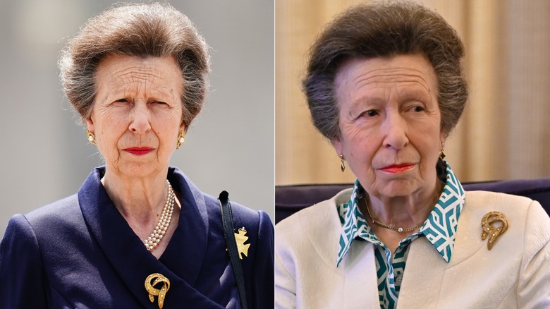 Princess Anne in a navy jacket and later in a white jacket wearing a gold loop brooch