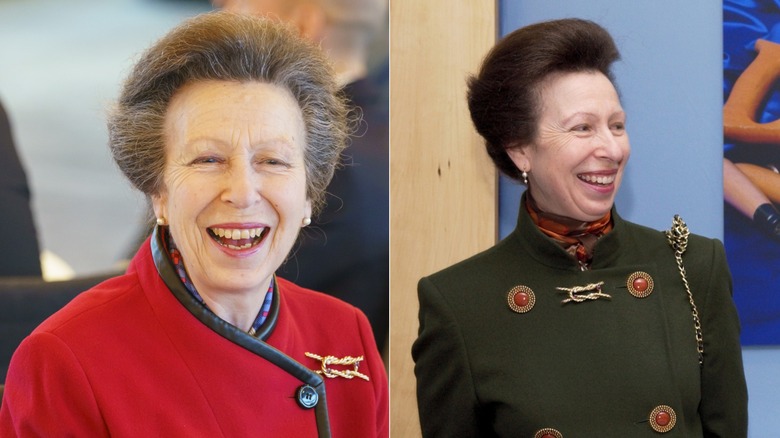 Princess Anne in red with a gold brooch and again in green with the same brooch