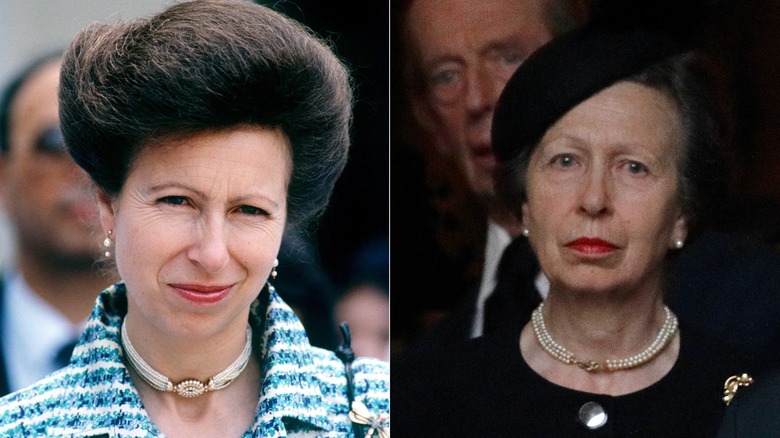 Princess Anne younger wearing a pearl choker and later in all black wearing a pearl chocker