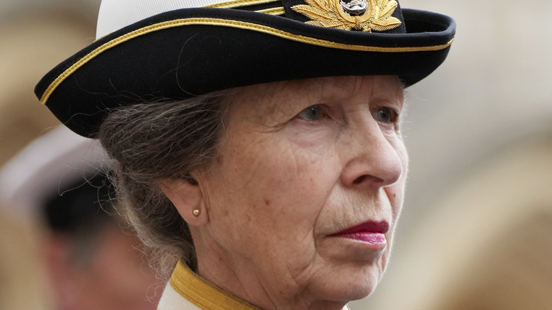 Close up of Princess Anne during Queen's funeral procession