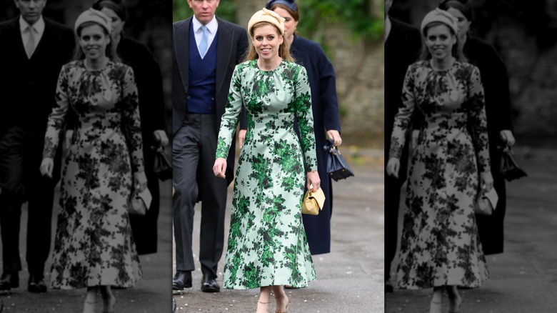 Princess Beatrice smiling in a green floral dress at Peter Phillips' wedding.