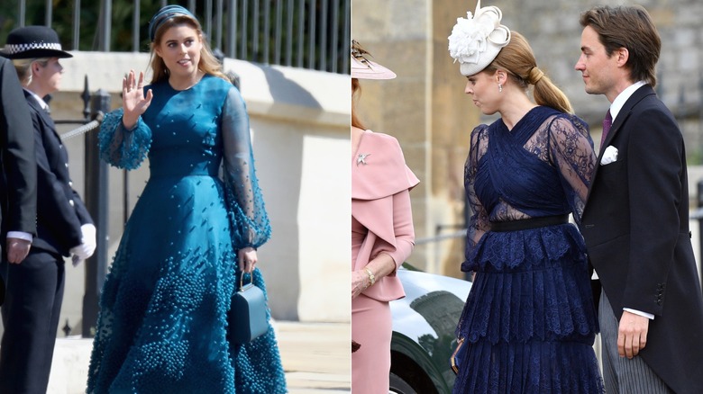 Split images of Princess Beatrice in two different blue dresses.