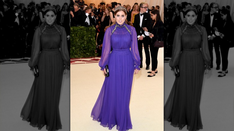 Princess Beatrice wearing a purple gown to the 2018 Met Gala.