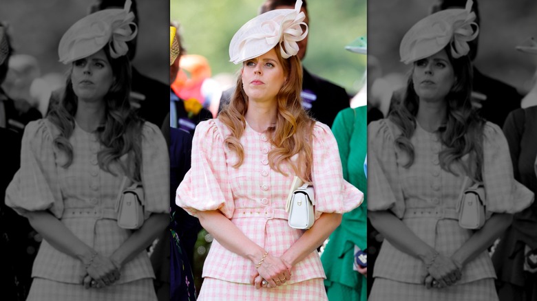 Princess Beatrice looking pensive in pink gingham at the Royal Ascot 2025.