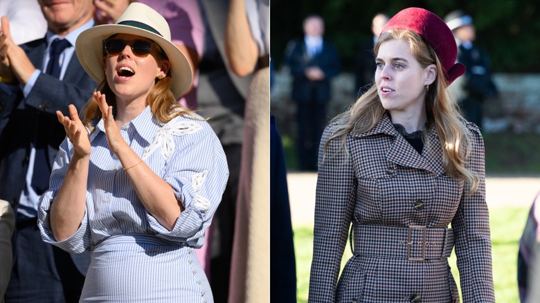 Split image of Princess Beatrice wearing a striped outfit at Wimbledon and wearing a houndstooth coat on Christmas.