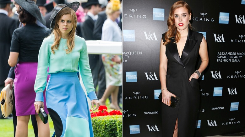Split image of Princess Beatrice in a green blue ensemble and Princess Beatrice in a black tux dress.