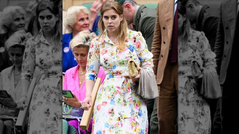 Princess Beatrice in a floral dress at 2024 Wimbledon.