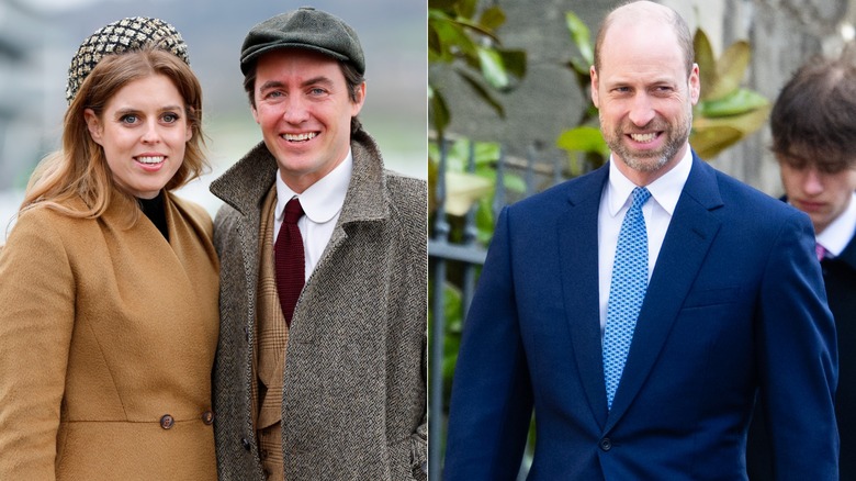 Princess Beatrice and Edoardo Mapelli Mozzi at the Cheltenham Festival at Cheltenham Racecourse on March 14, 2024 in Cheltenham, England (left), and Prince William at the 2026 Easter Matins Service at St George's Chapel on April 05, 2026 in Windsor, England (right).