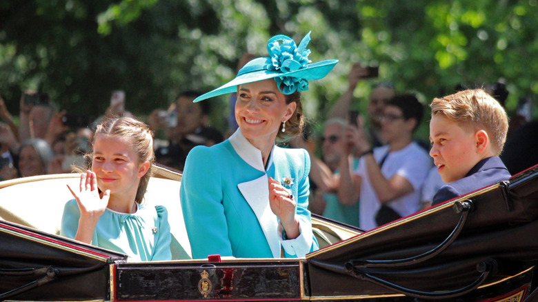 Kate Middleton, Princess Charlotte, and Prince George in a carriage for Trooping the Colour 2025