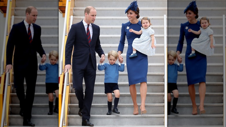 The Wales family disembarking a plane in Canada with Princess Catherine and Princess Charlotte in blue