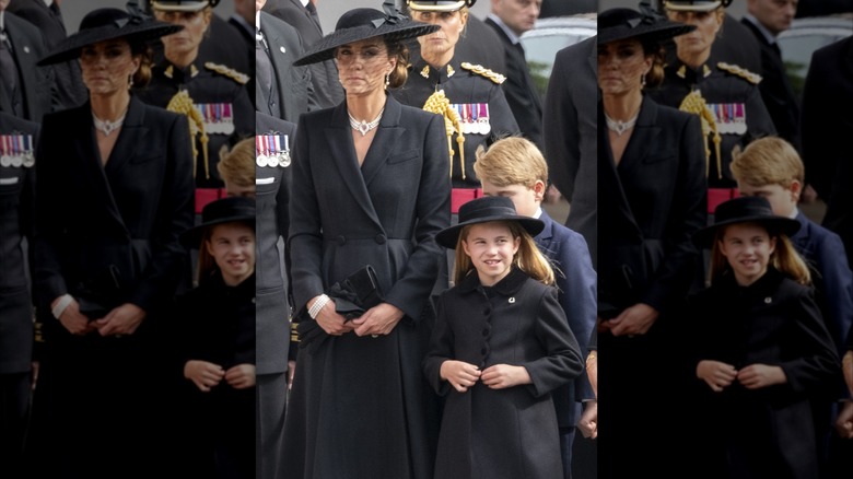 Kate Middleton and Princess Charlotte dressed in black at Queen Elizabeth II's funeral in 2022