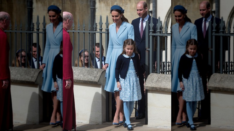 Princess Charlotte and Princess Charlotte leaving a chapel at Easter in blue