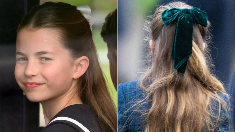 split screen of Princess Charlotte smiling and Princess Charlotte from the back showing off her hair bow