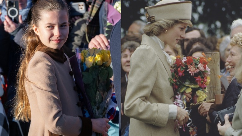 Split photo of Princess Charlotte at Sandringham 2025 and Princess Diana receiving flowers from crowd