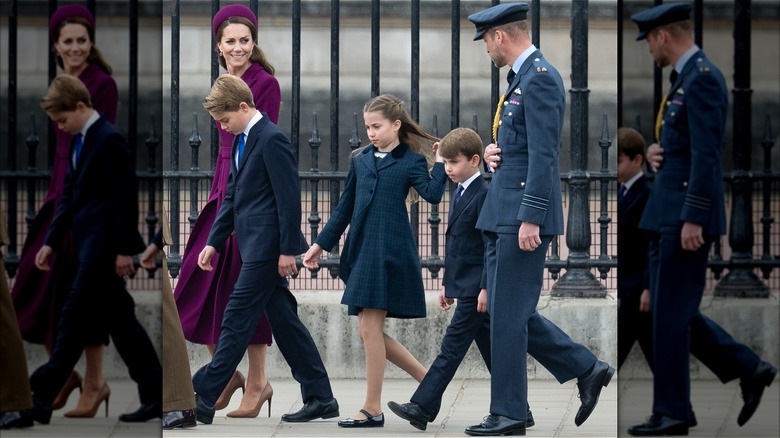 Prince George, Princess Catherine, Princess Charlotte, Prince Louis, and Prince William on VE Day 2025