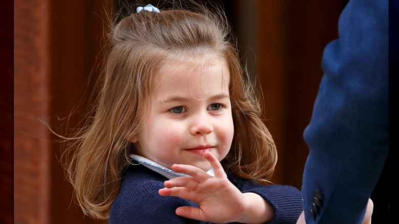 Princess Charlotte of Cambridge arrives with Prince William, Duke of Cambridge at the Lindo Wing of St Mary's Hospital to visit her newborn baby brother on April 23, 2018 in London, England (2018)