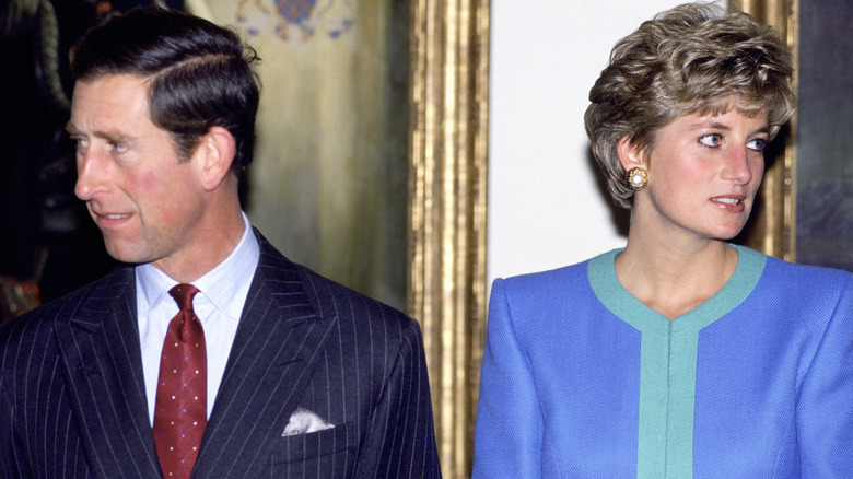 Then-Prince Charles and Princess Diana looking away from one another