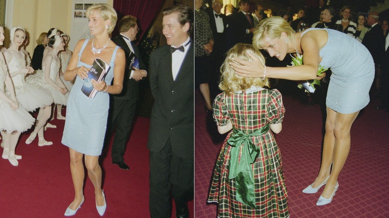split screen of Princess Diana smiling and Diana bending down and talking to a child
