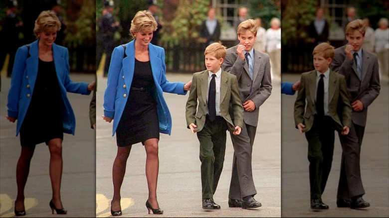 Princess Diana smilng and walking with Prince Harry and William, Prince of Wales