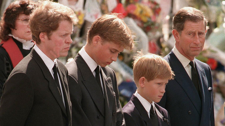 Charles Spencer standing with Prince William, Prince Harry, and King Charles III