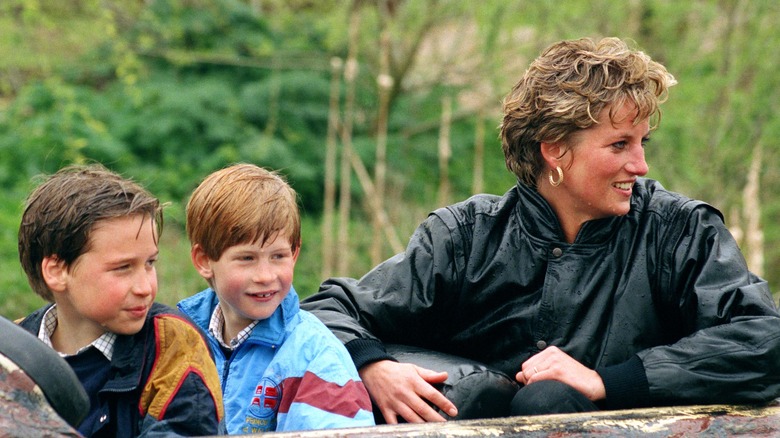 Princess Diana with Prince William and Prince Harry on a ride