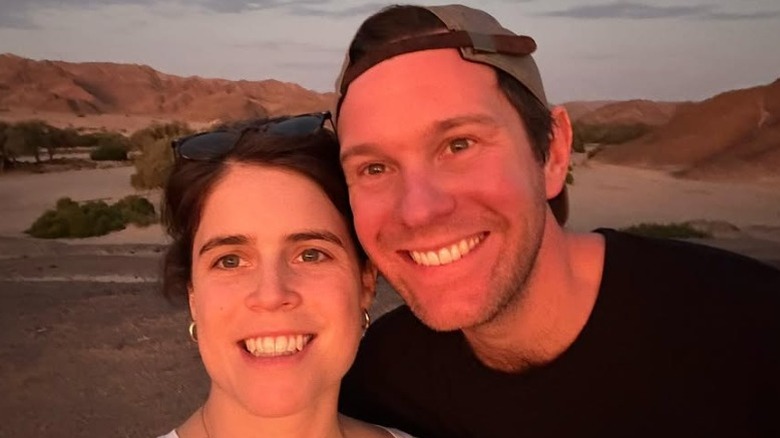 Selfie of makeup-free Princess Eugenie and Jack Brooksbank smiling in pinkish light