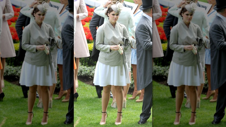 Princess Eugenie at the 2014 Royal Ascot in a cream skirt and blazer with a small fascinator