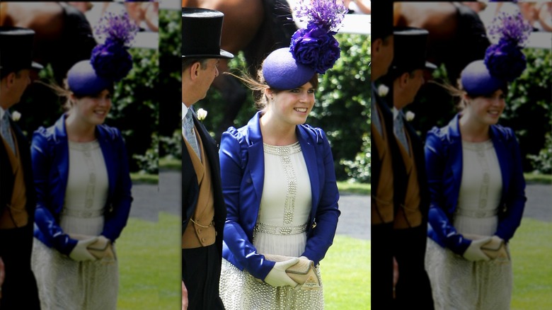 Princess Eugenie on the first day of the Royal Ascot in a white dress, a blue blazer, and a blue fascinator