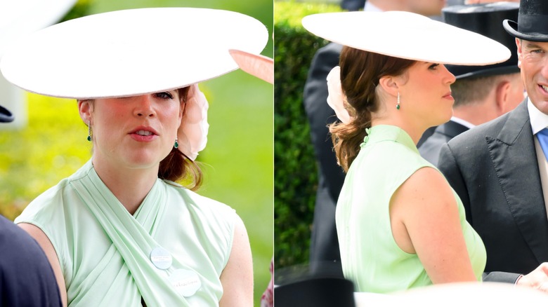 Two photos of Princess Eugenie at the 2024 Royal Ascot in a mint green dress with a large, white fascinator