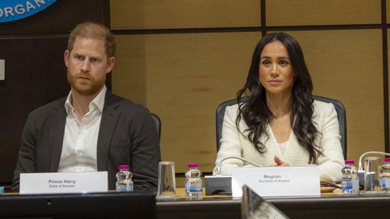 Harry and Meghan sitting at a World Health Organization meeting