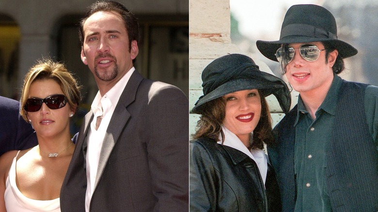Lisa Maire Presley in sunglasses standing next to Nic Cage and Lisa Marie Presley in a hat with Michael Jackson