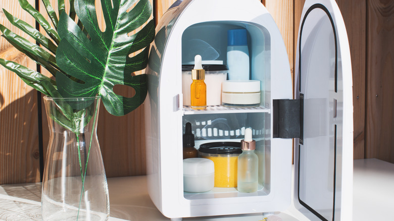 Beauty fridge next to fake plant