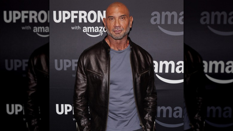 Dave Bautista at the Amazon upfronts wearing a leather jacket