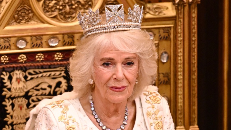 Queen Camilla wearing a crown at the Opening of Parliament in 2023