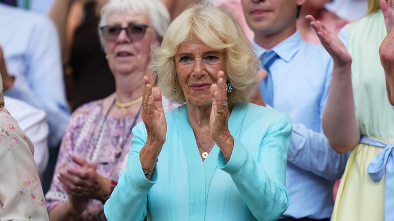 Queen Camilla is seen attending in the Royal Box during Day Ten of the The Championships - Wimbledon 2026.