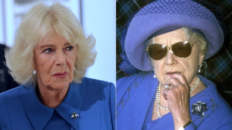 split screen of Queen Camilla looking wary and Queen Elizabeth, The Queen Mother looking serious in sunglasses