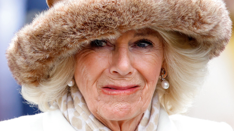 Queen Camilla grimacing in hat