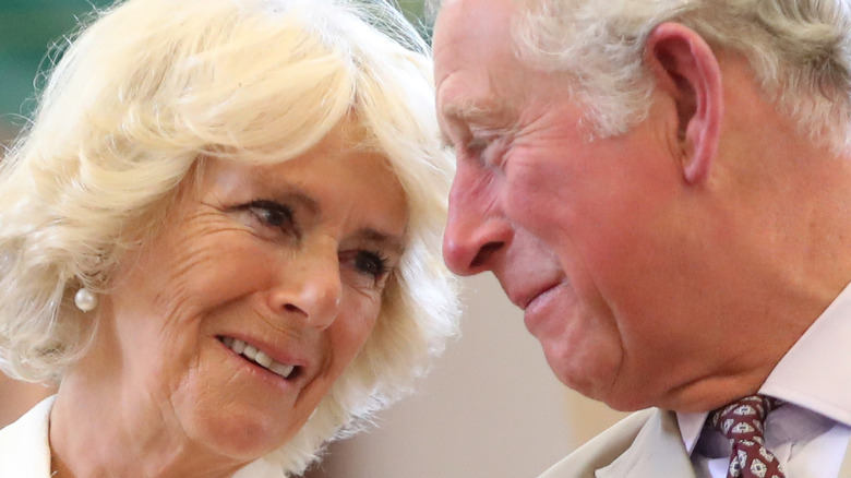 Queen Camilla looks lovingly at King Charles