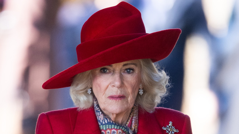 Queen Camilla walking into church at Sandringham for Christmas Day