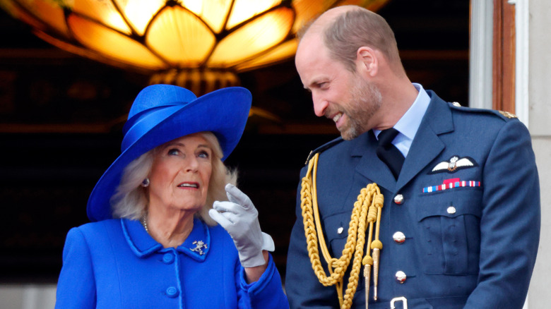 Queen Camilla wearing a blue hat with a wide brim and pointing up as Prince William turns to talk to her.