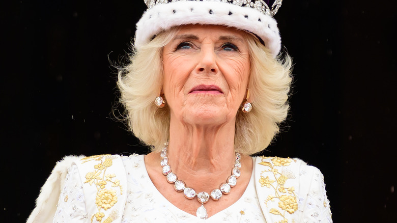Queen Camilla looking up in crown at coronation