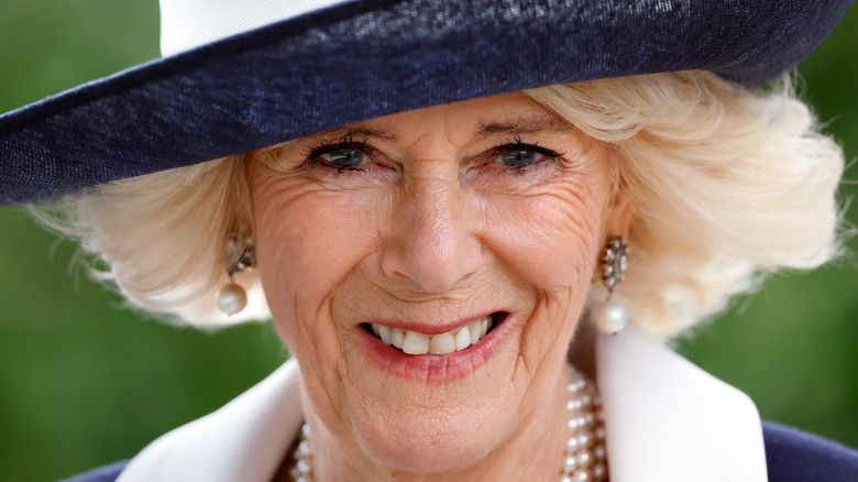 Camilla Queen Consort wearing hat at Ascot 2022