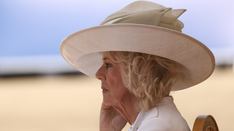 Queen Camilla looking stern at Trooping the Colour 2025