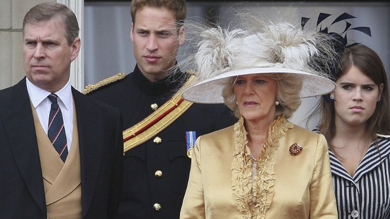 Queen Camilla stands with Prince Andrew, Prince William, and Princess Eugenie after the Trooping the Color ceremony in London, England (2007)