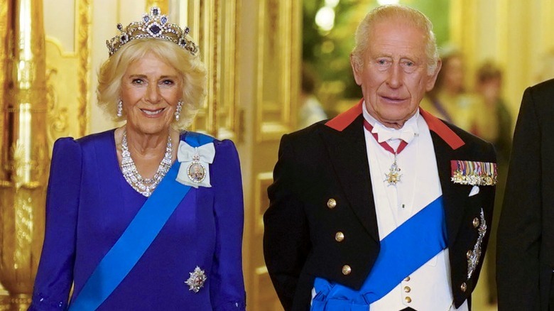 Queen Camilla and King Charles III arrive for 2025 State Banquet at Windsor Castle