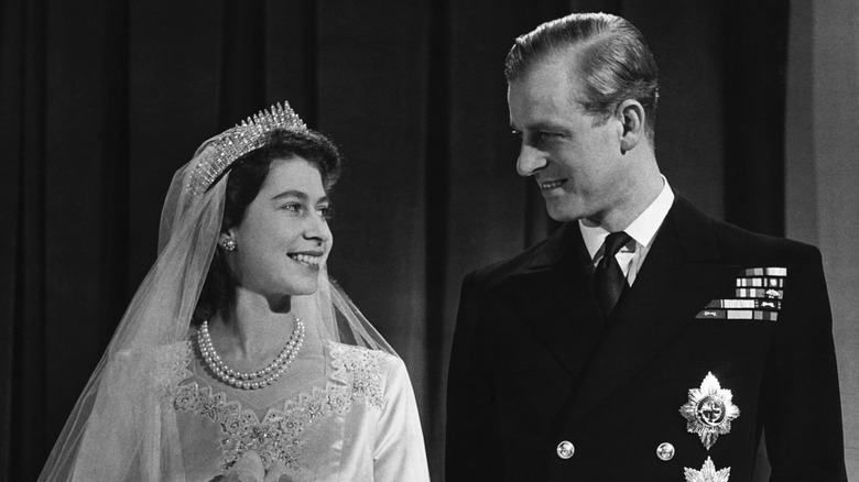 Black and white image of Queen Elizabeth and Prince Philip on their wedding day