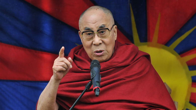 The 14th Dalai Lama giving a speech at the Glastonbury Festival on June 28, 2015 in England