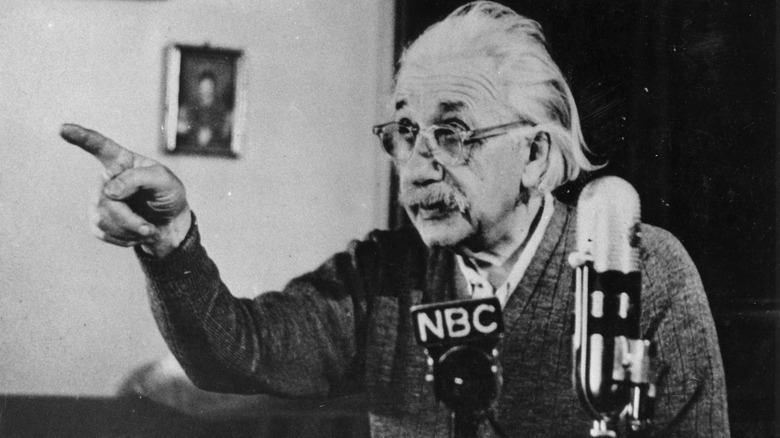 Albert Einstein speaking during a press conference